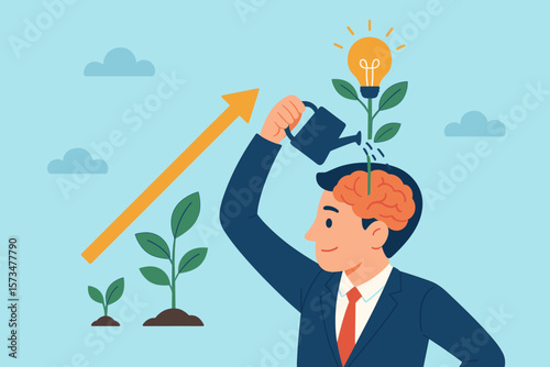 Growth mindset concept, businessman watering brain for self-improvement, motivation, learning new skills, personal development, success, idea generation, achieving goals, innovation
