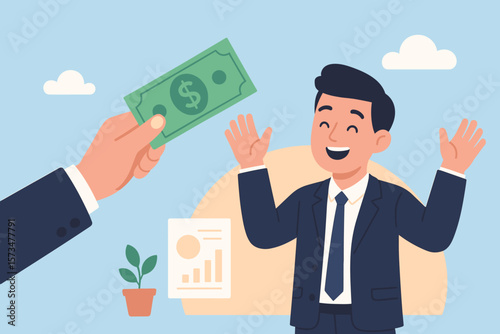 Businessman Receiving Payment Concept. Salary, Wages, Bonus, Employee Benefits, Tax Refund, Investment Profit, Loan, Mortgage, Financial Reward, Hand Giving Cash Illustration