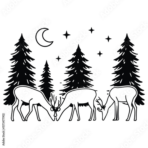 Christmas winter forest vector illustration with deer and snowflakes, a beautiful seasonal nature landscape design