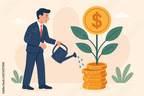 Businessman Investor Watering Money Plant, Wealth Growth, Investment Profit, Mutual Fund, Savings, Financial Success, Pension Fund, Wealth Management, Earning Increase Concept