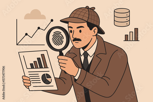 Smart detective analyzing data and investigating with magnifying glass, observation and inspection concept, data analysis, fingerprint identification, business research