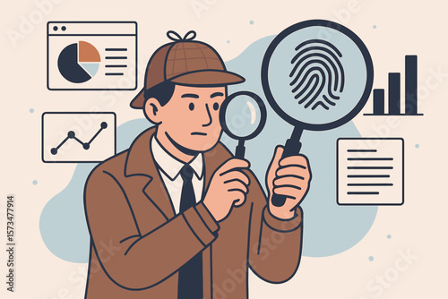 Detective analyzing data and searching for clues with magnifying glass, fingerprint investigation, research, inspection, discovery, analysis, statistics, information concept