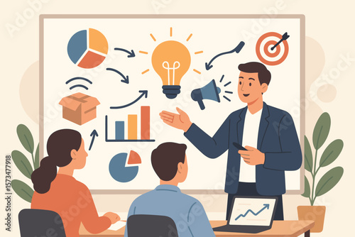 Businessman explains marketing plan and strategy for a new product launch. Concept of innovation, promotion, advertising and data analysis for business success and growth.