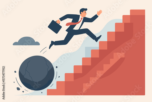 Businessman Overcoming Obstacles and Adversity, Jumping Over Rolling Boulder on Stairs, Leadership, Success, Business Growth, Challenge, Effort, Competition, Achievement Concept