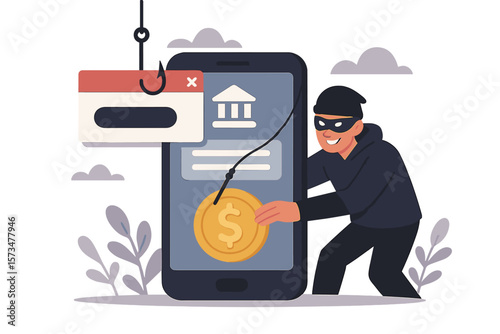 Mobile phone banking scam, fraud link to steal money. Phishing bait website or online crime concept. Thief steals money from mobile banking app. Hacker cybersecurity crime.