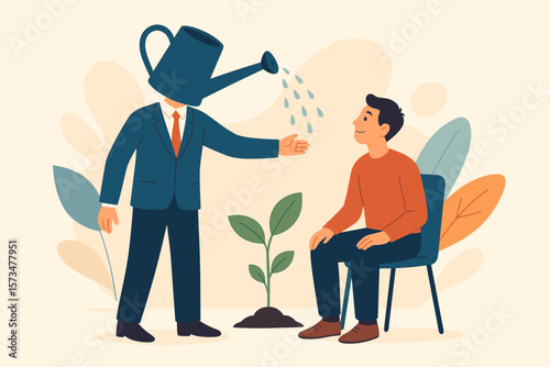 Business mentor coaching for career growth and personal development, growth mindset support, businessman watering seedling plant, guidance, education, assistance concept