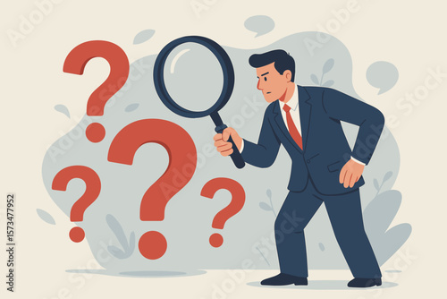 Businessman Analyzing Problem with Magnifying Glass, Investigating Root Cause, Searching for Solution, Incident Management, Uncertainty, Threat Discovery, Question Marks