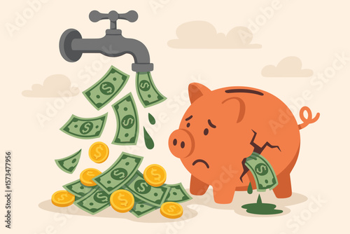 Financial loss concept. Leaking piggy bank with crack, money flowing from faucet, overspending, reduced savings, debt, bankruptcy, poor money management, expenses draining wealth