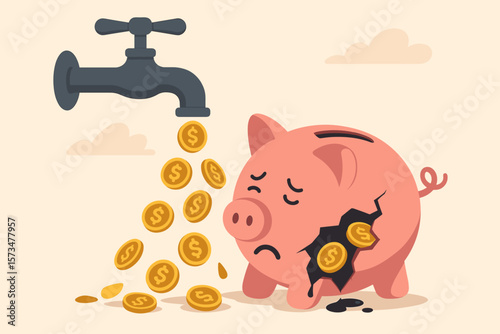 Financial loss, overspending, leaking savings, broken piggy bank, money drain, debt, bankruptcy, poor budgeting, faucet with coins, expense, economic crisis, cartoon concept