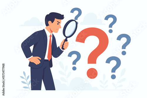 Businessman Analyzing Problem Root Cause Investigation, Searching for Solution, Incident Management, Discovering Threat, Uncertainty, Magnifying Glass, Question Marks Concept
