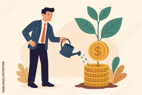 Businessman investor watering a money tree. Concept for growing investment, wealth management, financial profit increase, savings, pension fund, ROI and earning. Flat vector.