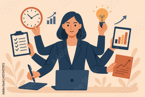 Multitasking businesswoman productivity concept. Efficient employee performance, work accomplishment, time management, skillful professional, success talent, office workflow, leadership
