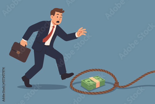 Greedy Businessman Falling for Money Trap. Financial Fraud, Investment Scam, Danger, Risk, Deception, Victim, Business Risk, Greed, Conceptual Vector Illustration