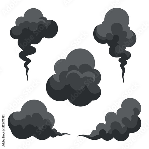 Collection of dark smoke plumes in various shapes on white background – stock vector in colorful flat style
