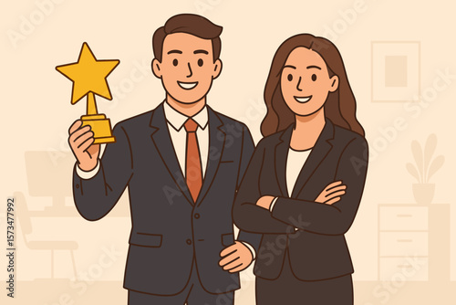 Successful business professionals winning award, best office employees or specialists achieving goals, teamwork, recognition, corporate achievement, businesswoman and businessman