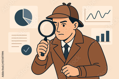 Detective Investigation Data Analysis Concept. Cartoon investigator with magnifying glass analyzing charts, graphs, statistics. Research, inspection, discovery, information search.