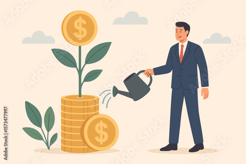Businessman Investor Watering Money Plant Stack, Growing Investment, Wealth Profit Growth, Savings, Pension Fund, Financial Success, Wealth Management Concept