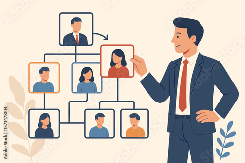 Business Reorganization and Team Structure Adjustment Concept. CEO Allocates Resources, Changes Department Roles, Improves Efficiency, Restructures Organization Chart, Leadership Management