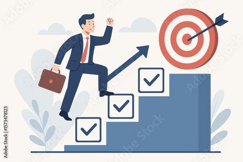 Businessman climbing steps to a target. Career progression and growth. Development and improvement. Challenge to success. Tasks completion. Winning competition. Finish project.