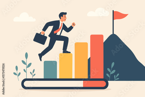 Ambitious businessman running up growth chart bars toward mountain peak flag, career success journey, goal achievement, business progress, improvement, motivation concept illustration