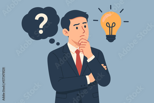 Businessman thinking, question mark and light bulb, decision making, problem solving, innovation, creative idea, new solution, brainstorming, leadership, business strategy concept