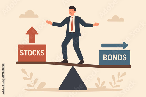Businessman Balancing on Seesaw Between Stocks and Bonds. Investment Decision Making, Risk Management, Asset Allocation, Financial Planning, Market Strategy, Wealth Management Concept