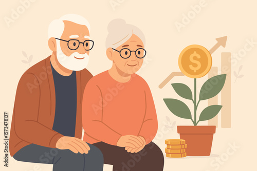 Retirement pension fund investment profit for retiree. 401k savings and senior financial planning. Wealth management concept with elderly couple watching their money grow.
