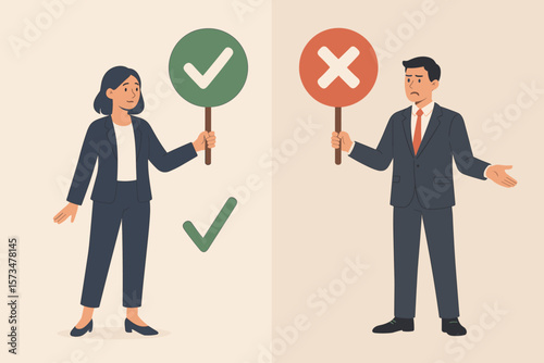 Business people holding check mark and cross sign boards. Pros and cons, do and don’t, yes or no, good or bad idea, decision making, comparison, advice, choice concept illustration
