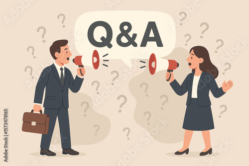 Business Q&A Session Concept, FAQ Communication, Problem Solving, Corporate Discussion, Man and Woman in Suits with Megaphones, Question Mark Background, Information Exchange