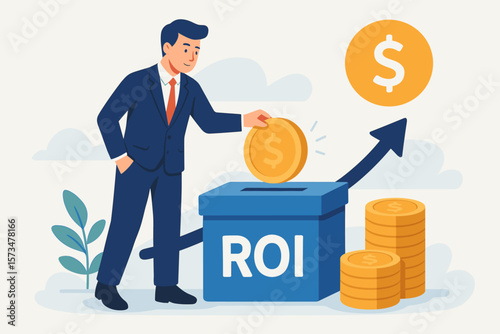 ROI return on investment performance measurement, business profit efficiency, marketing cost analysis, campaign success, businessman investing money coin, financial growth concept
