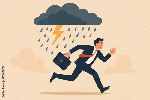 Businessman running from crisis, escaping disaster, financial failure, bankruptcy, stress, anxiety, overwork, danger, misfortune, storm cloud, lightning, risk concept