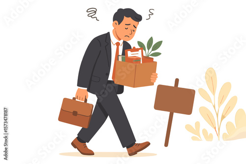 Businessman Layoff Resignation Concept. Employee Leaving Office Job with Box of Personal Belongings. Career Change, Unemployment, Termination, Burnout, Job Loss, Corporate Exit