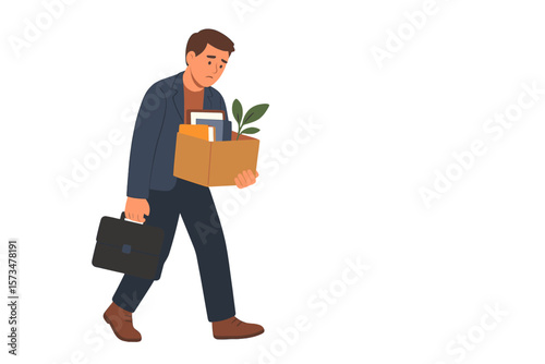 Businessman leaving office after job resignation, layoff, or termination. Employee carrying box with personal belongings. Unemployment, burnout, career change, dissatisfaction concept.