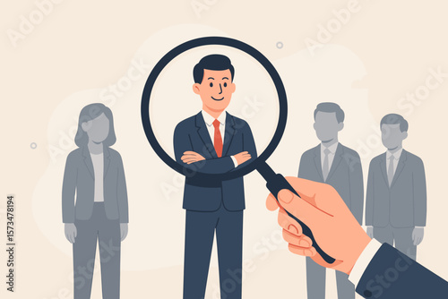 Human resources manager searching for the best candidate. HR headhunting concept for job vacancy. Employer choosing talent for company recruitment with magnifying glass.