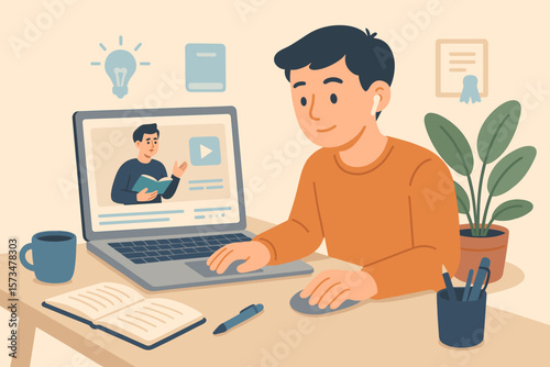 Online education concept. Young adult studying e-learning course at home desk with laptop, taking notes, virtual class, internet training, remote learning, knowledge and skill development