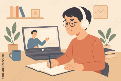 Man studying online course on laptop with headphones. E-learning, webinar, distance education concept. Student getting new skill from internet training. Vector illustration.