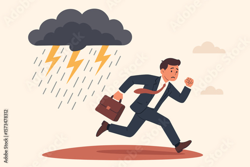 Businessman Running from Thunderstorm Crisis. Escape Disaster, Bankruptcy, Danger, Failure, Overworked, Anxiety, Work Stress. Risk Management, Urgency, Corporate Challenge Concept