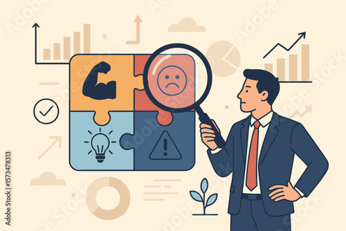 SWOT analysis concept with businessman. Analyze strength, weakness, opportunity, threat for market competition. Business strategy, planning, and matrix for improvement vector.
