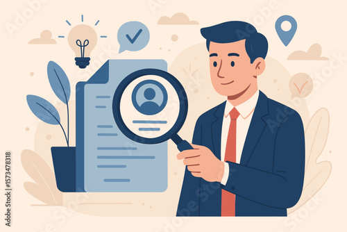 Businessman Analyzing Resume with Magnifying Glass, Job Search, Career Opportunity, Recruitment, Human Resources, Employment, Hiring Process, Professional Development, Solution Concept