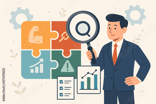 SWOT analysis concept, businessman analyzing strength, weakness, opportunity, threat, market competition, business strategy, product improvement, benchmarking, measurement, growth