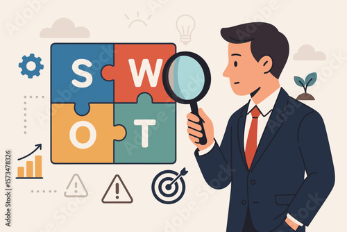 SWOT analysis concept, businessman examining strengths, weaknesses, opportunities, threats, strategic planning, business growth, market competition, improvement, benchmarking