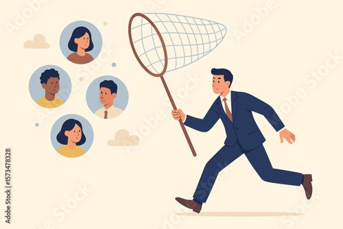 Businessman Recruiting Talent with Net, Human Resource Search, Employee Selection, Recruitment Process, Career Opportunity, Candidate Choice, Team Building, Corporate Hiring