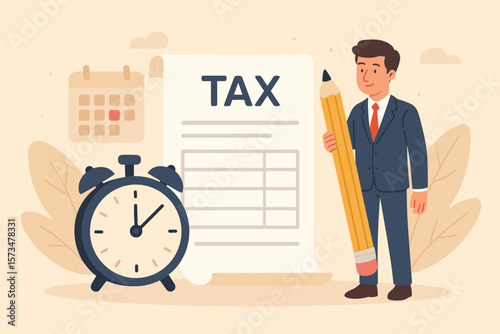 Tax deadline reminder, income tax planning, government payment date, financial refund, schedule and revenue calculation concept, businessman with pencil and tax form illustration