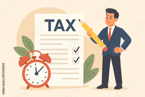 Tax time reminder and income tax planning concept. Businessman with pencil filling tax form. Government payment, financial refund and revenue calculation. Deadline with alarm clock.
