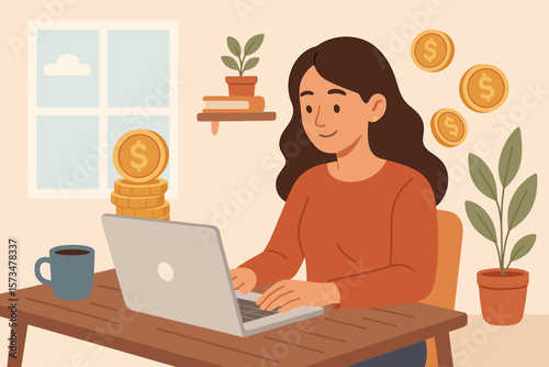 Self employed freelancer or online business owner working remotely from home. Individual distance worker making money online. E-commerce business success vector concept.