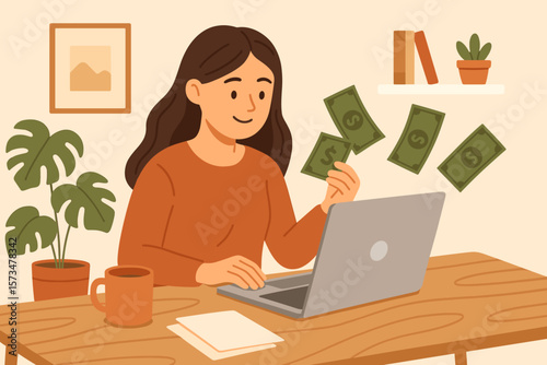 Young woman freelancer working from home on laptop, earning money online, remote self-employment, e-commerce business, digital entrepreneur, online income workspace concept