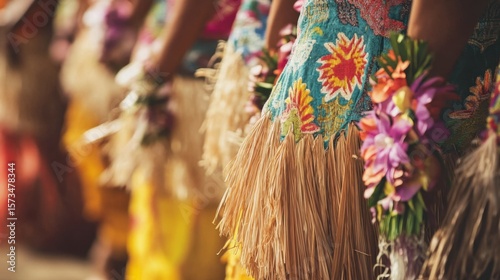 Photo of dancers in colorful floral skirts and leis perform a traditional polynesian dance