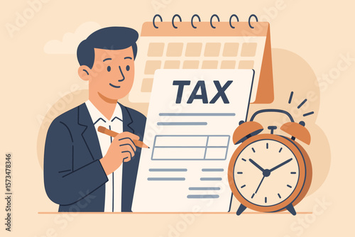 Tax deadline reminder, income tax planning, government payment schedule, financial refund, revenue calculation concept, businessman with pencil, calendar, alarm clock