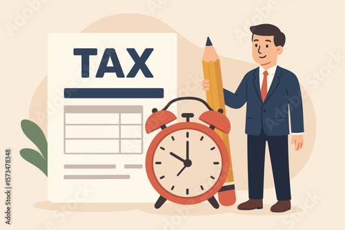 Tax time reminder, income tax planning, government payment deadline, financial refund schedule, revenue calculation, businessman with pencil, alarm clock, tax document concept