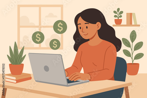 Remote work from home concept. Young woman freelancer or entrepreneur using laptop, earning money online, e-commerce business, self-employed, distance job, financial success